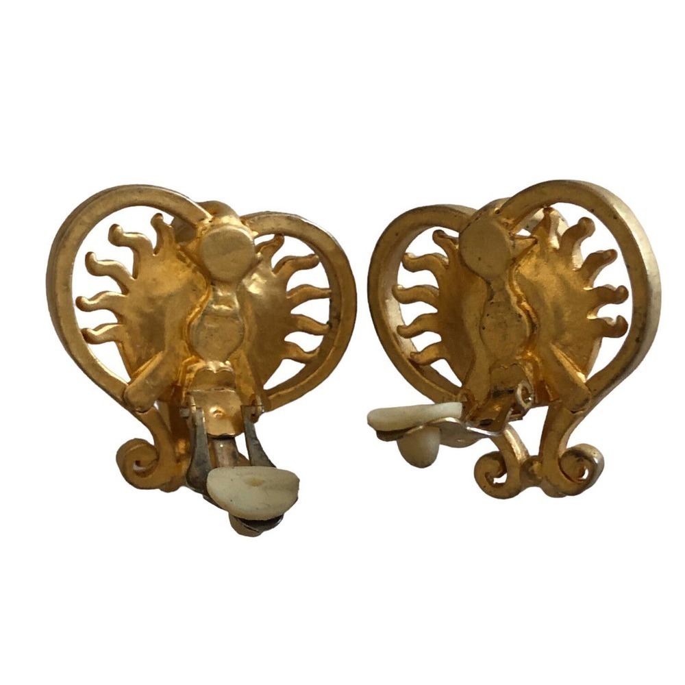 Vintage Chunky Clip On Earrings Brushed Gold Heart Faux Pearl 1980s - Picture 5 of 8